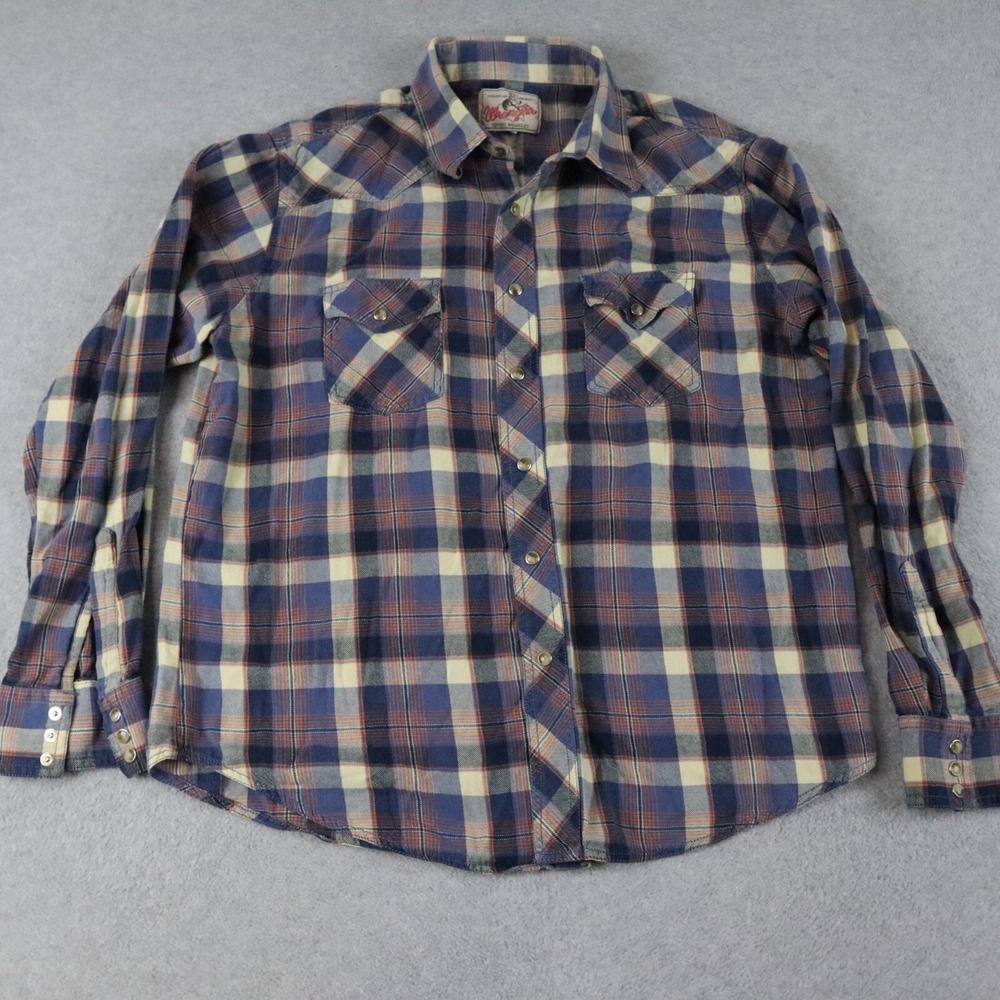 Wrangler Flannel Shirt Mens Large Western Cowboy Pearl Snap Plaid Long Sleeve